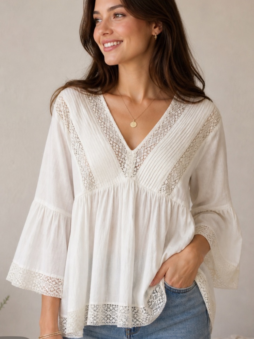 NWT Adiva Boho Lace-Trim V-Neck White Cotton pin tuck bell sleeve top blouse